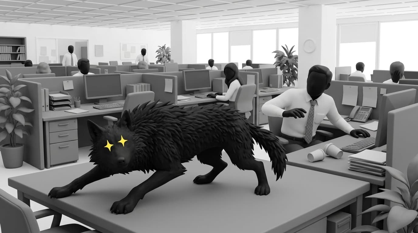 A black wolf with yellow sparkle eyes crouched on an office desk while startled workers look on