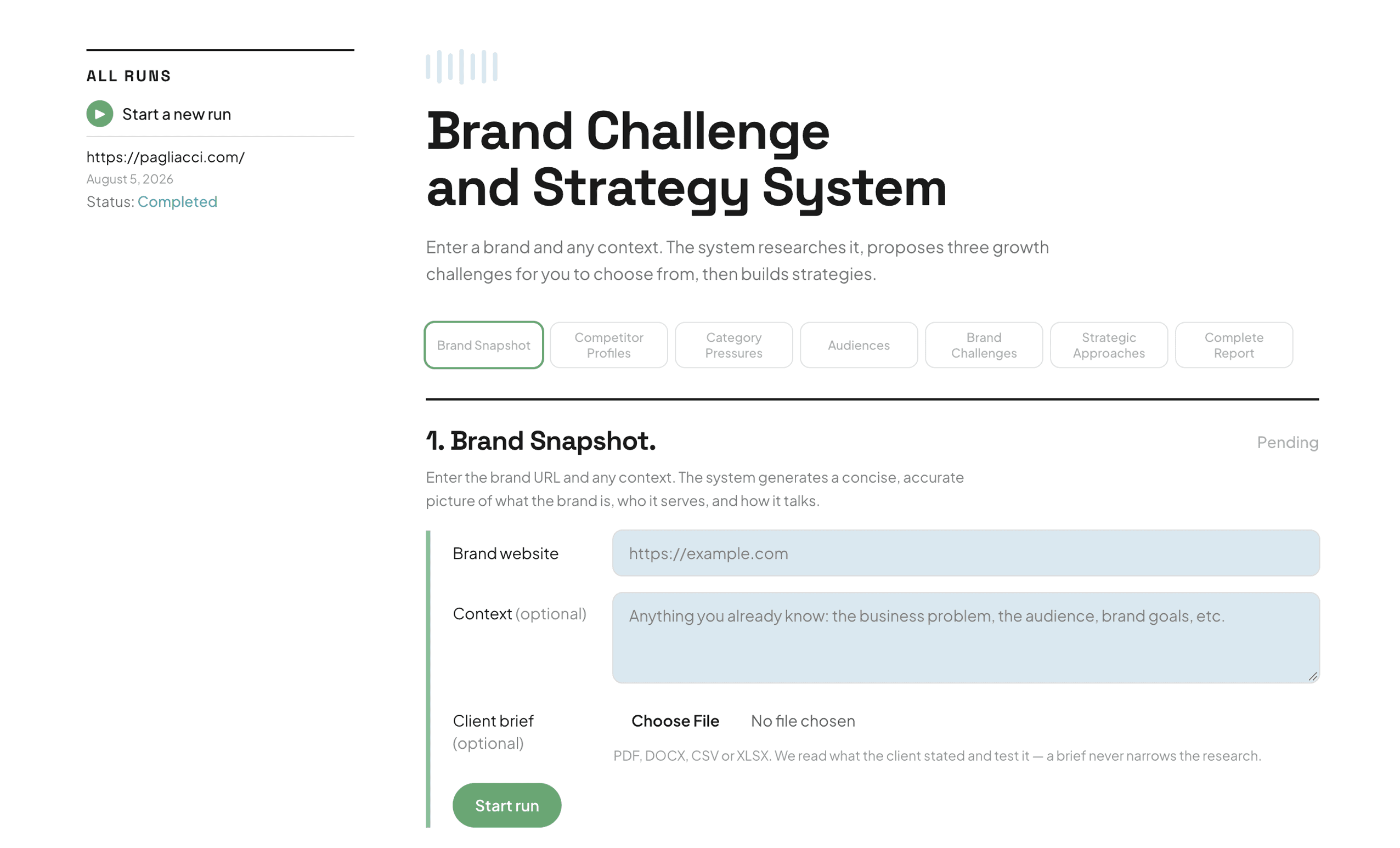 The Brand Challenge and Strategy System, ready to start a new run