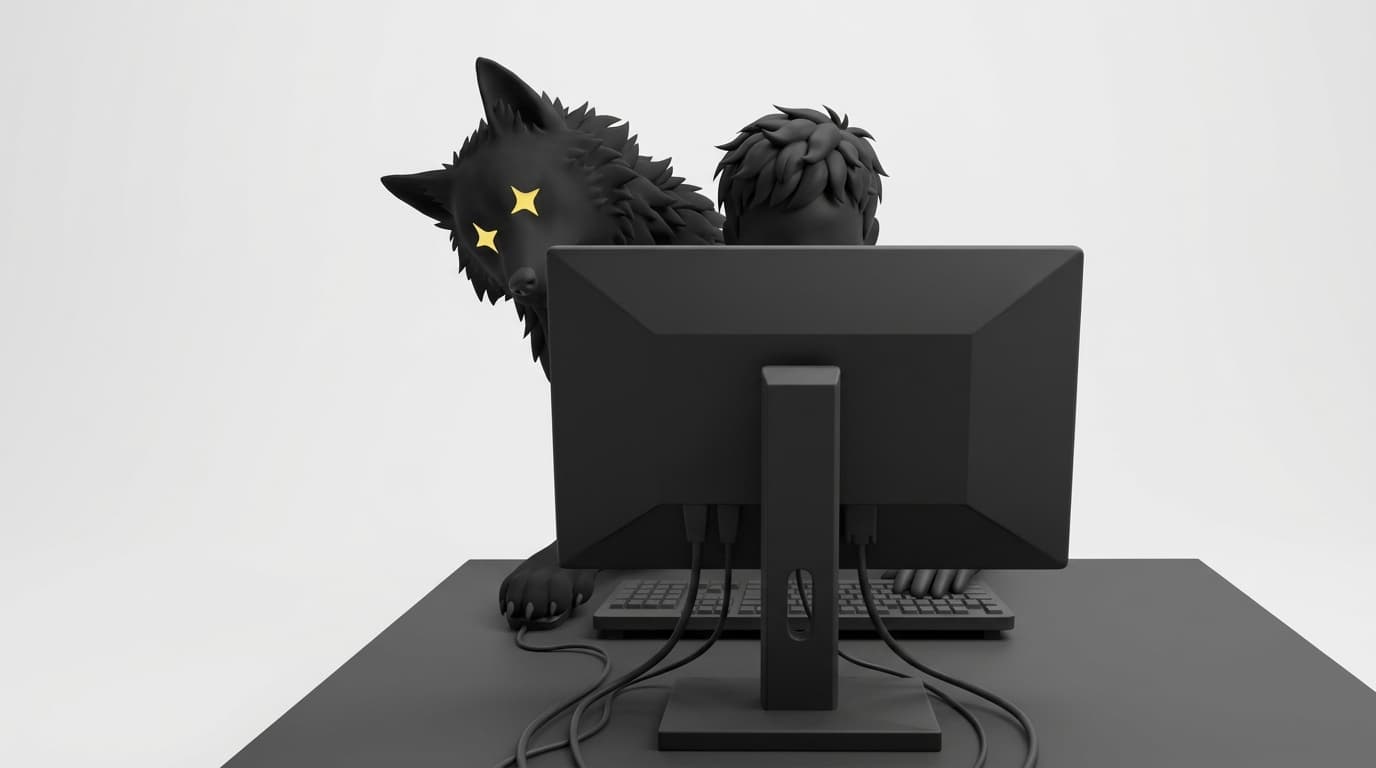 A black wolf with yellow sparkle eyes looking over the shoulder of a man working at a computer