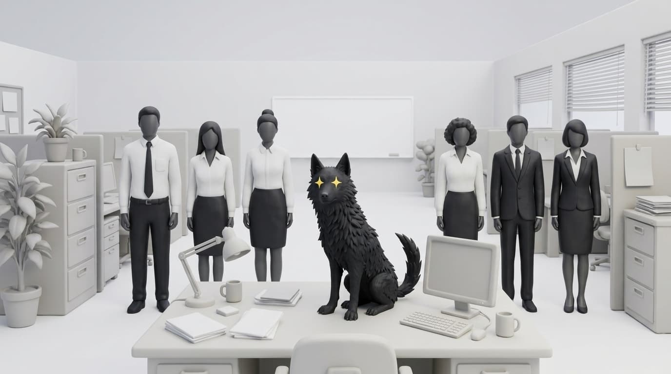 A black wolf with yellow sparkle eyes sitting on a desk in front of a lineup of seven office workers