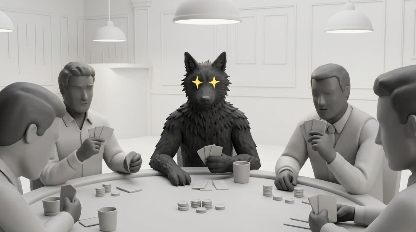 A black wolf with yellow sparkle eyes playing cards with people at a poker table