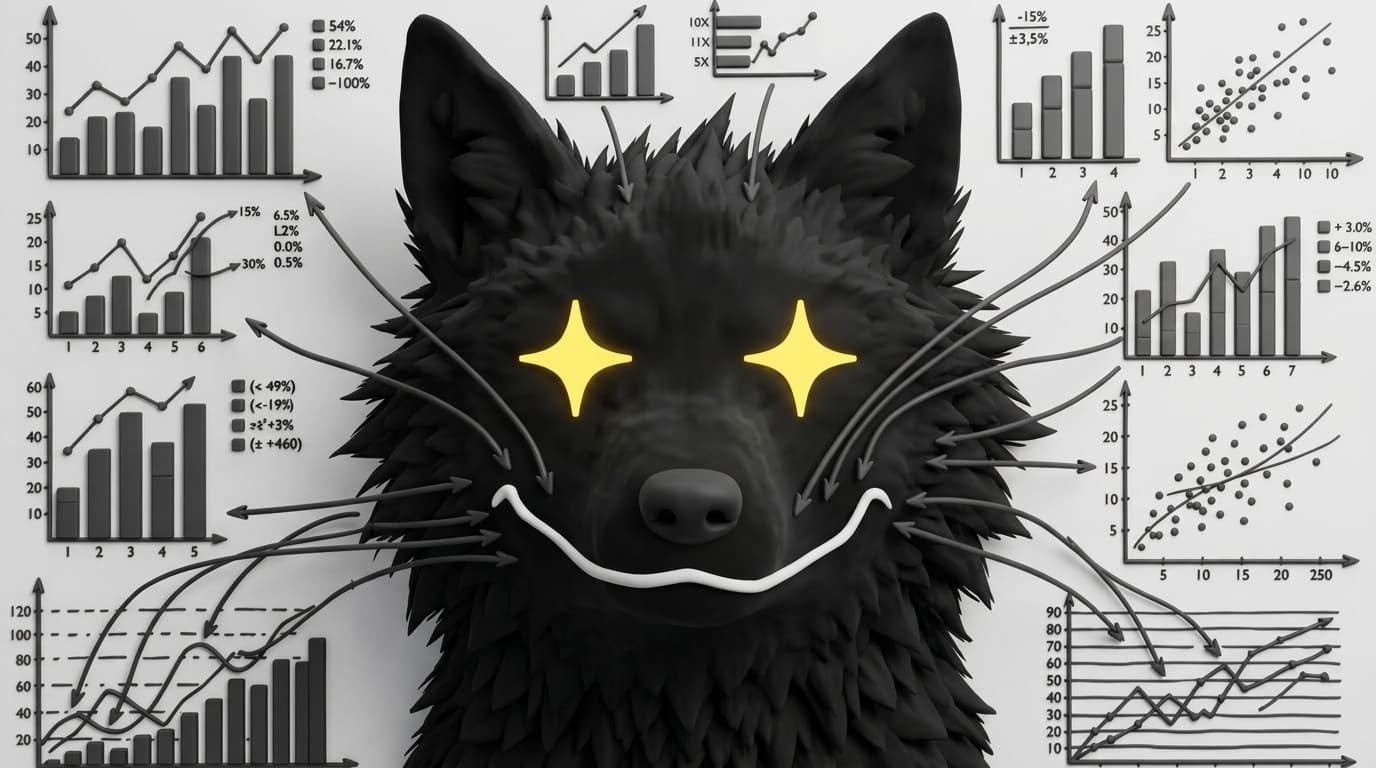 A black wolf with yellow sparkle eyes surrounded by charts that point to its grin