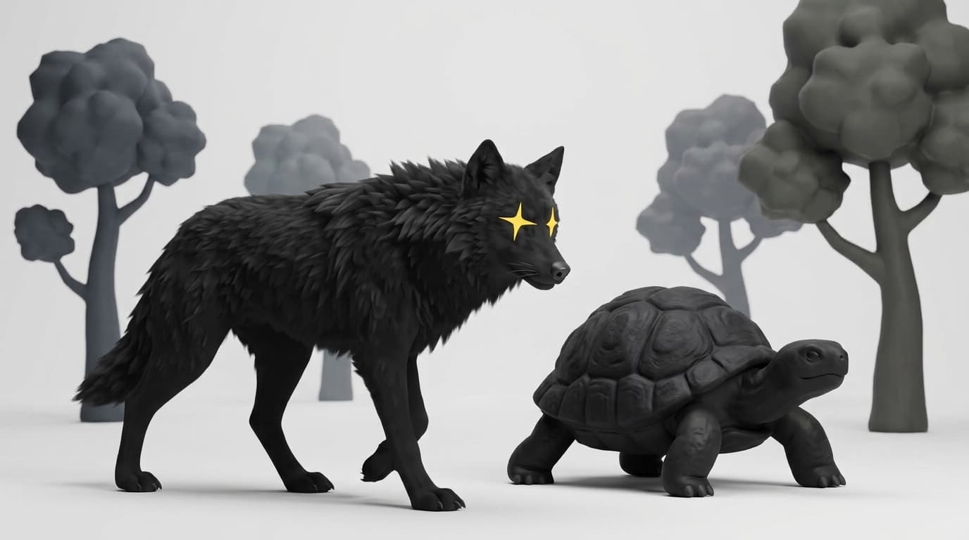 A black wolf with yellow sparkle eyes walking beside a tortoise among sculpted trees